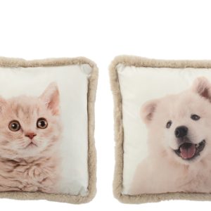 J-Line kussen Hond/Kat Bont – polyester – wit/beige – 2 stuks