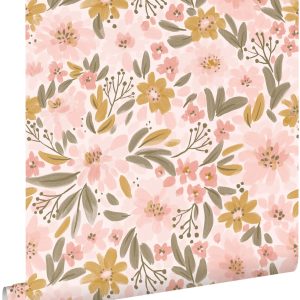 ESTAhome behang bloemen licht roze, okergeel en vergrijsd groen – 50 x ESTAhome behang bloemen licht roze, okergeel en vergrijsd groen – 50 x