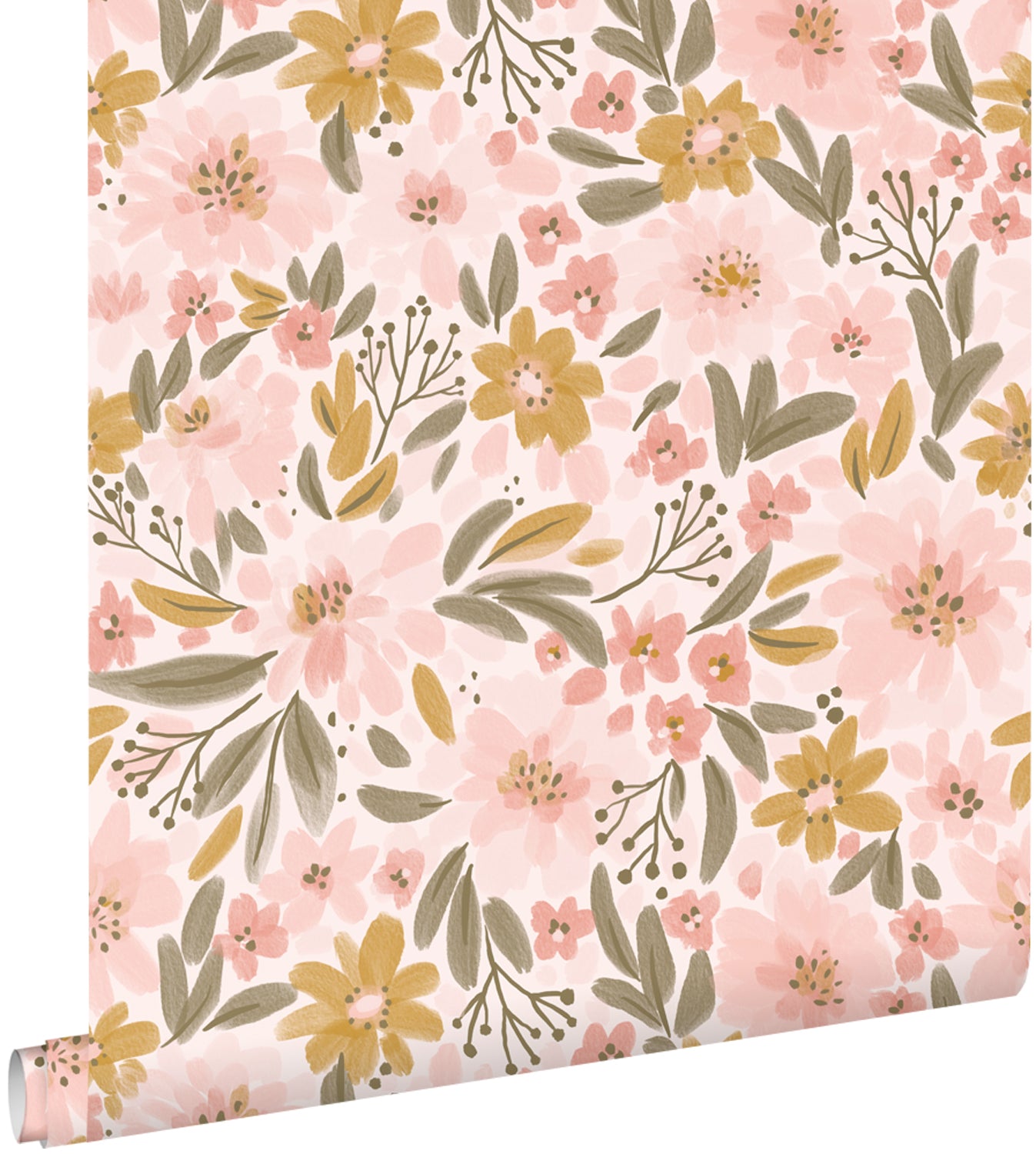 ESTAhome behang bloemen licht roze, okergeel en vergrijsd groen - 50 x