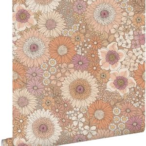 ESTAhome behang retro bloemen terracotta, paars en wit – 53 cm x 10.05