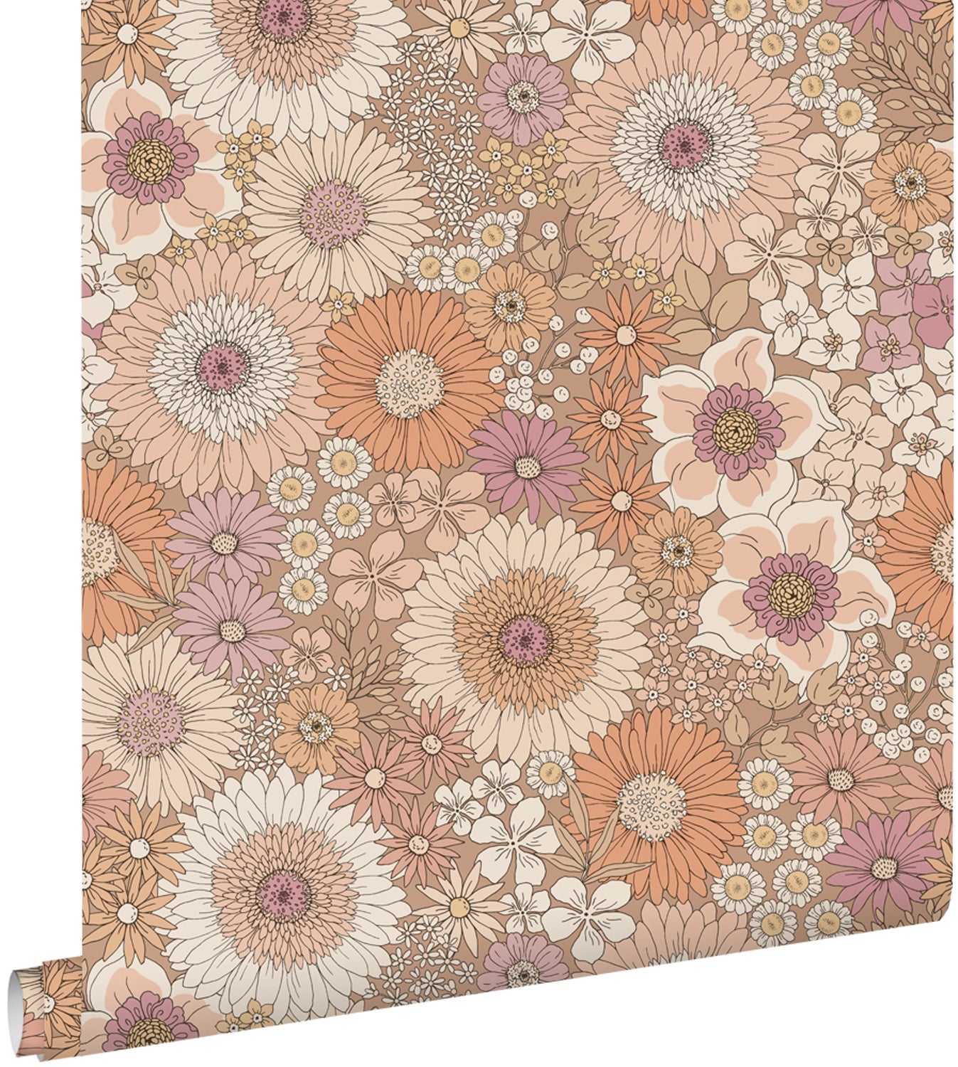 ESTAhome behang retro bloemen terracotta, paars en wit - 53 cm x 10.05