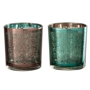 J-Line windlicht Oosters – glas – azuur/koper – small – 2 stuks J-Line windlicht Oosters – glas – azuur/koper – small – 2 stuks