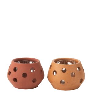 J-Line theelichthouder Gaia Rond – keramiek/glas – rood/bruin – 2 stuk