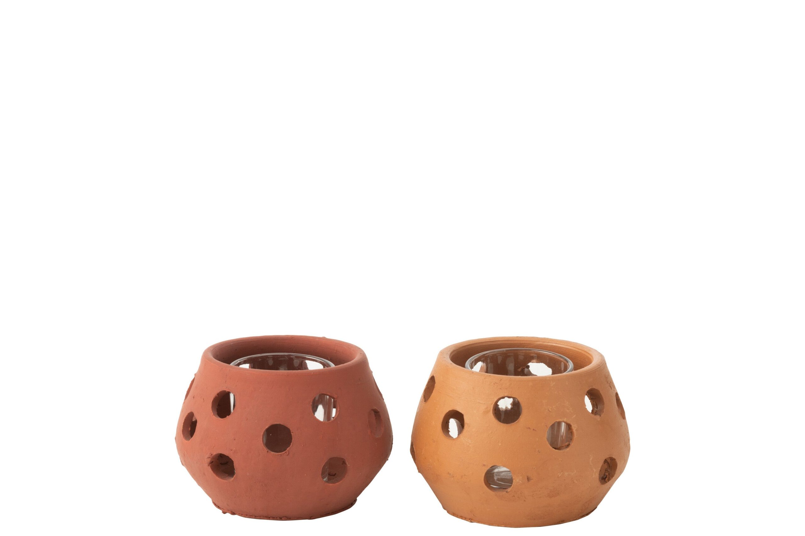 J-Line theelichthouder Gaia Rond - keramiek/glas - rood/bruin - 2 stuk