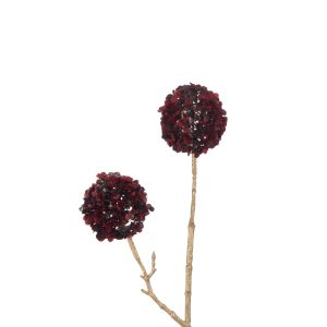 J-Line decoratie tak 2 Bloemen Pompons – kunststof – rood/goud – small