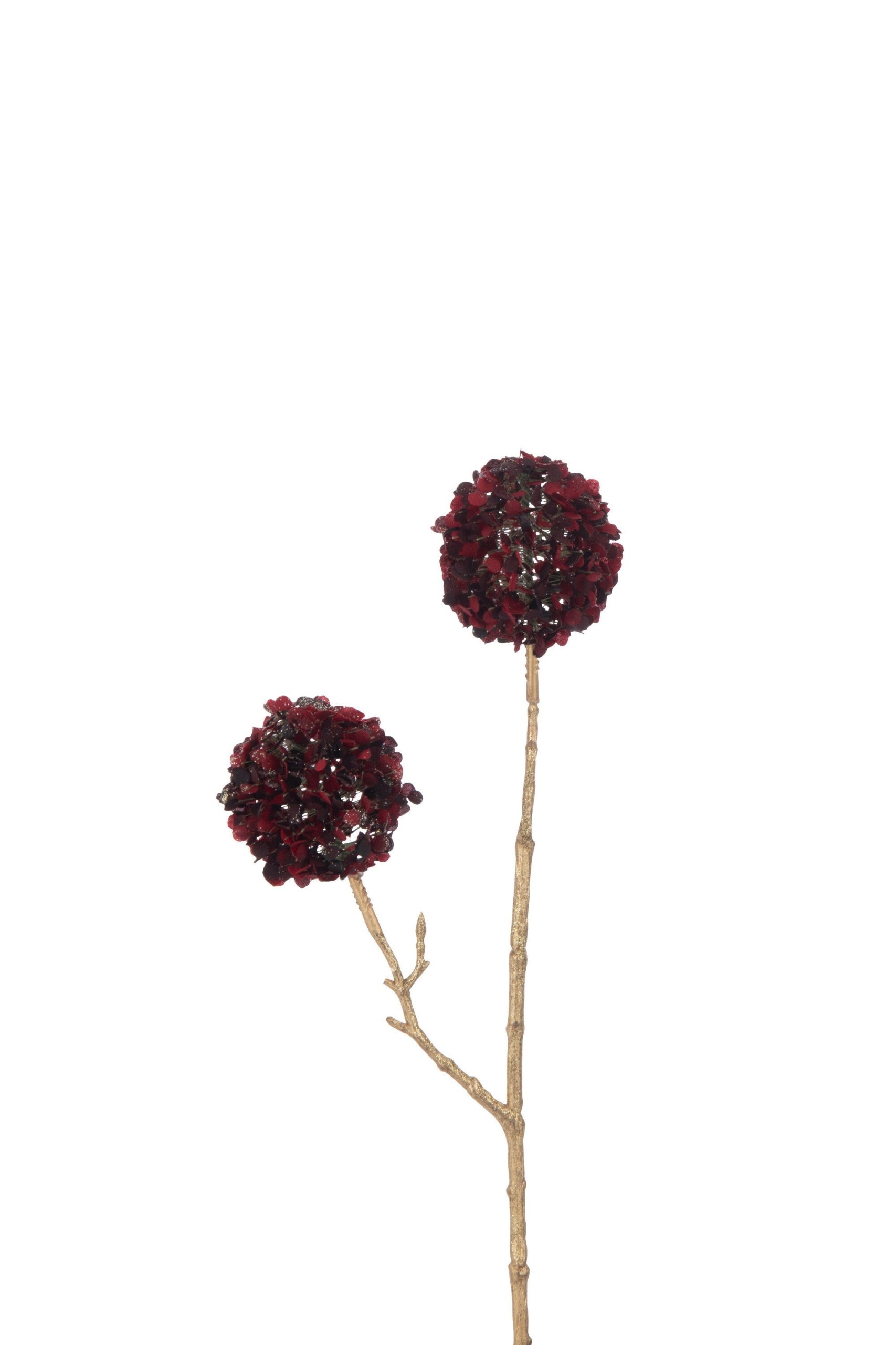 J-Line decoratie tak 2 Bloemen Pompons - kunststof - rood/goud - small