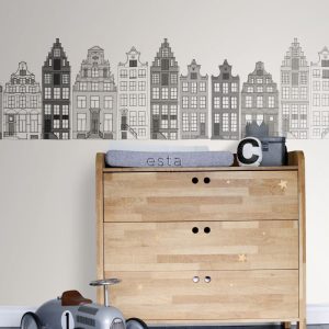 ESTAhome XXL behangrand Amsterdamse huizen grijs – 430 x 50 cm – 15771