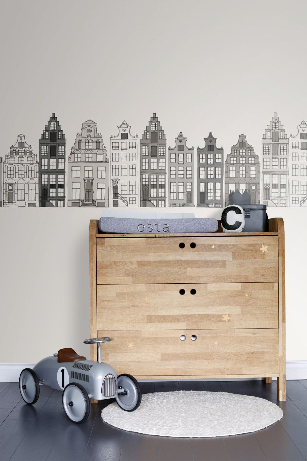 ESTAhome XXL behangrand Amsterdamse huizen grijs - 430 x 50 cm - 15771