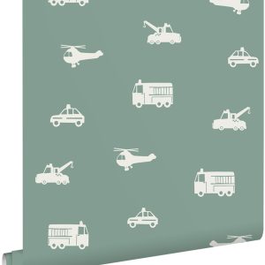 ESTAhome behang auto's, brandweerauto's, helikopters en kranen blauw 5