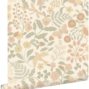ESTAhome behang bloemen en vogels beige, groen en zacht roze – 53 cm x ESTAhome behang bloemen en vogels beige, groen en zacht roze – 53 cm x