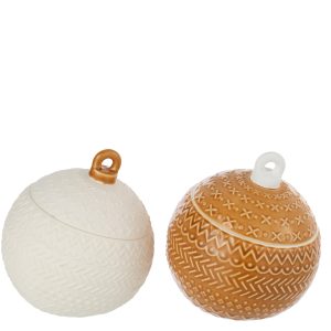 J-Line voorraadpot Kerstbal – porselein – wit/mosterdgeel – 2 stuks