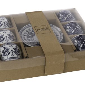 J-Line kop + schoteltje Bladeren – keramiek – donkerblauw/wit – doos v