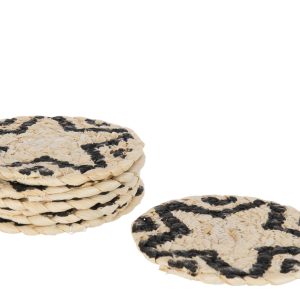 J-Line onderzetter Rond Ster – jute – naturel/zwart – 6 stuks