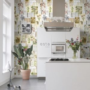 ESTAhome fotobehang botanische prenten beige, groen en roze – 100 x 27