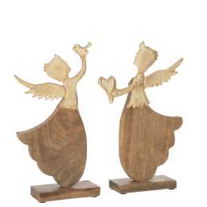 J-Line decoratie Engel Hart/Vogel Op Voet – hout/aluminium – goud – 2