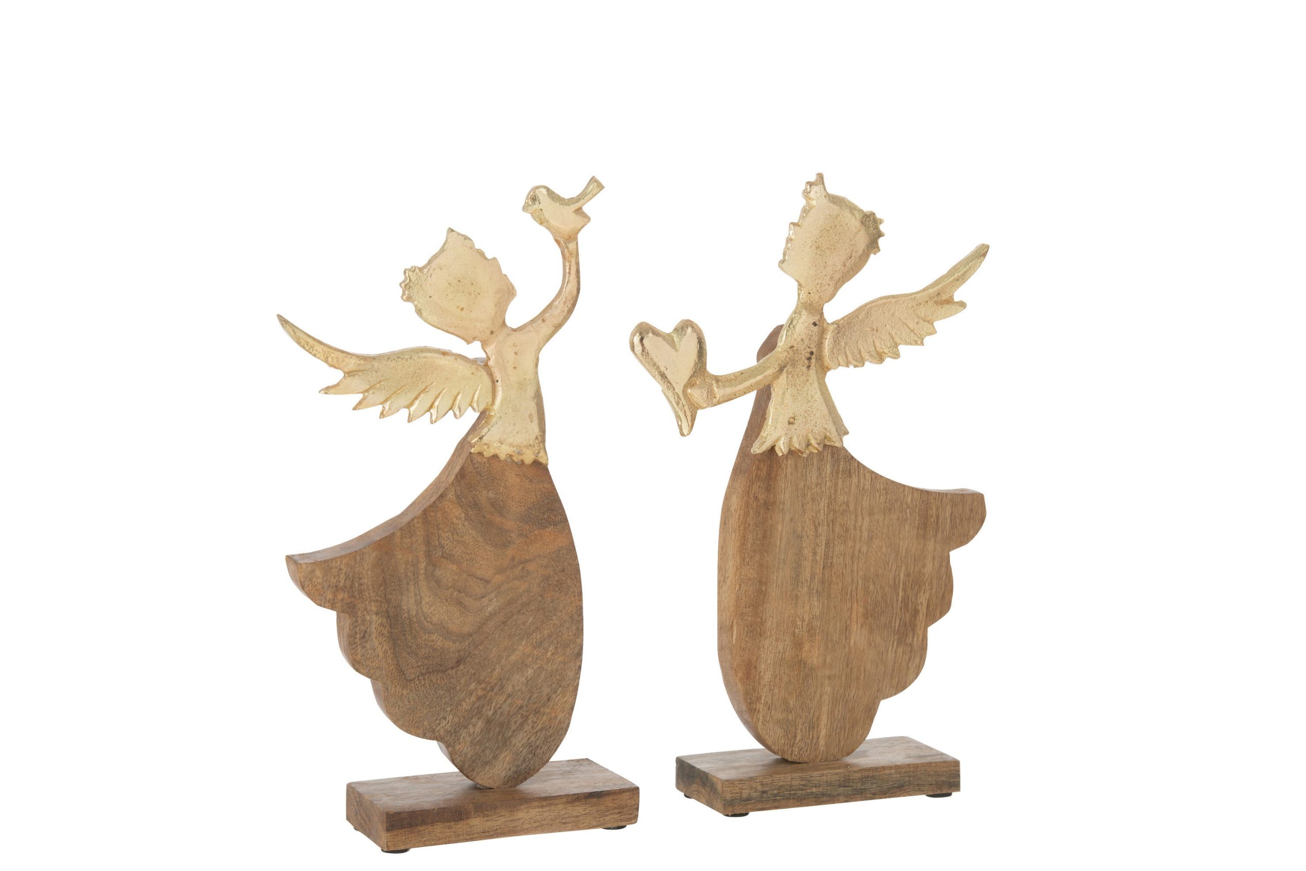 J-Line decoratie Engel Hart/Vogel Op Voet - hout/aluminium - goud - 2