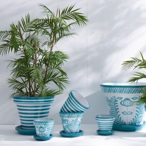 J-Line bloempot Granada Stripes Handmade + Painted – keramiek – aqua – J-Line bloempot Granada Stripes Handmade + Painted – keramiek – aqua –