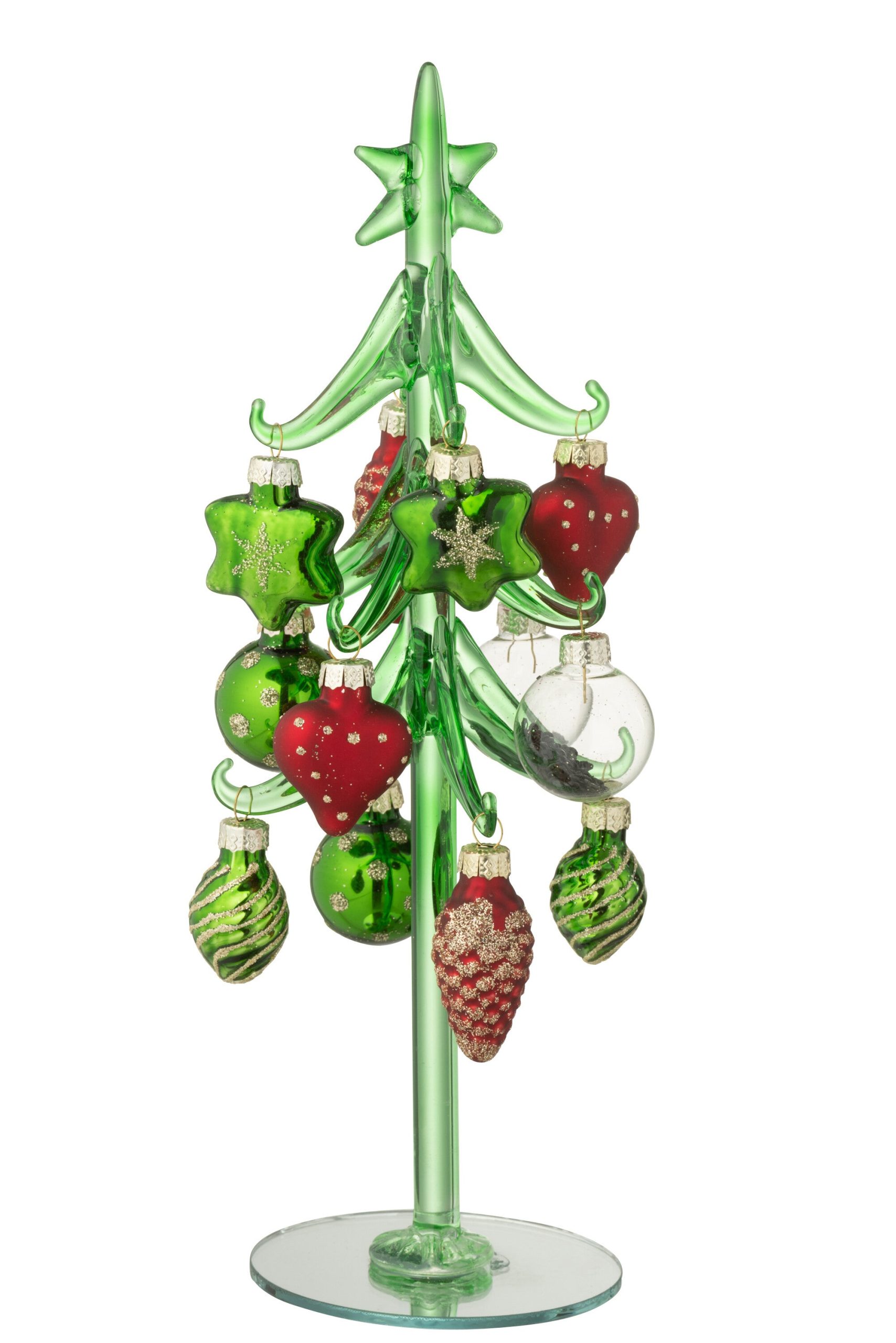 J-Line decoratie Kerstboom + Ballen - glas - donkergroen/kerstrood