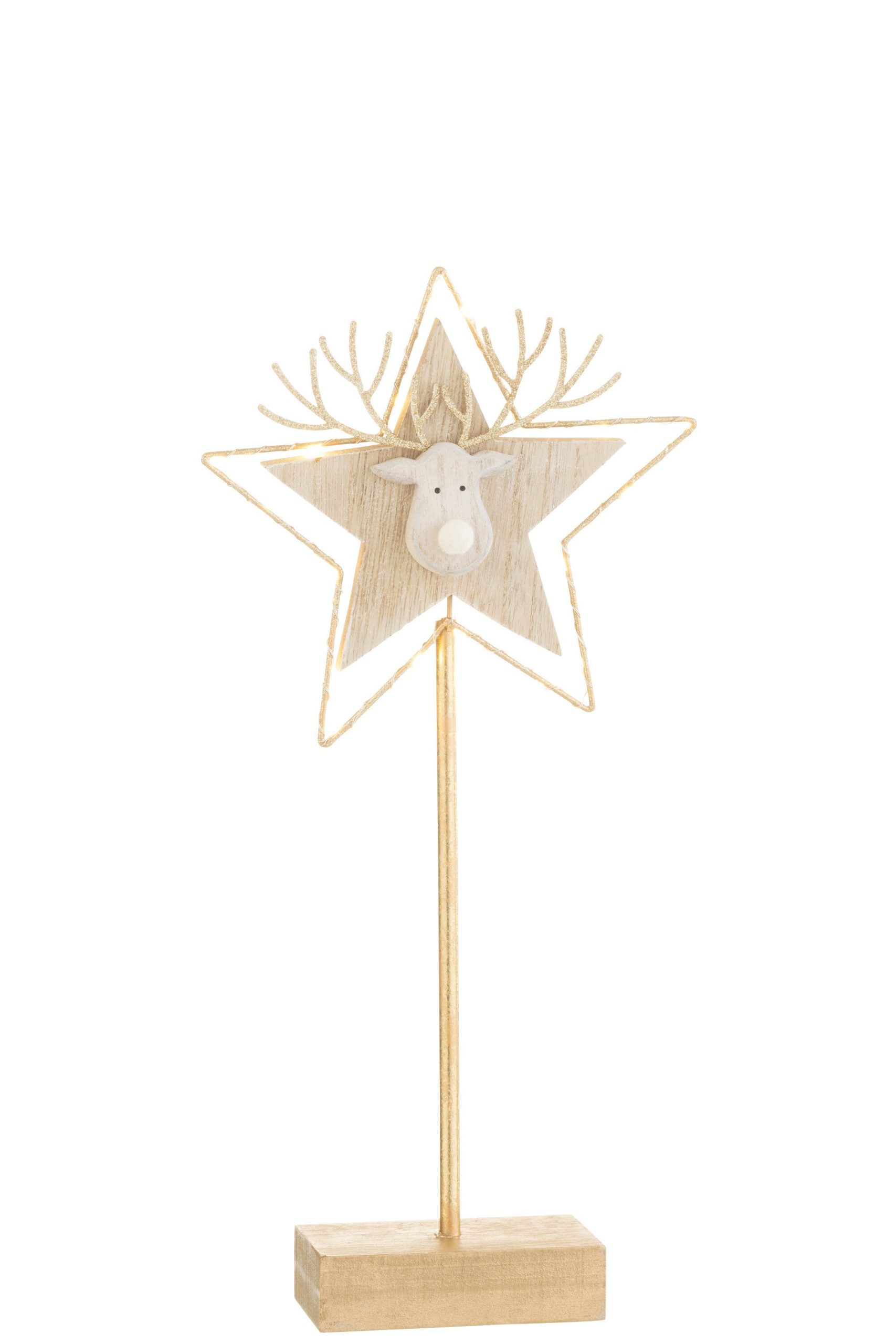 J-Line kerstdecoratie Rendier/Ster op voet - hout - goud/wit - small -