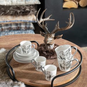 J-Line theemok + schotel Rendier – keramiek – wit/bruin – giftbox van