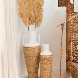 J-Line vaas Geweven Terracotta – rotin – wit/naturel – 75 cm hoog