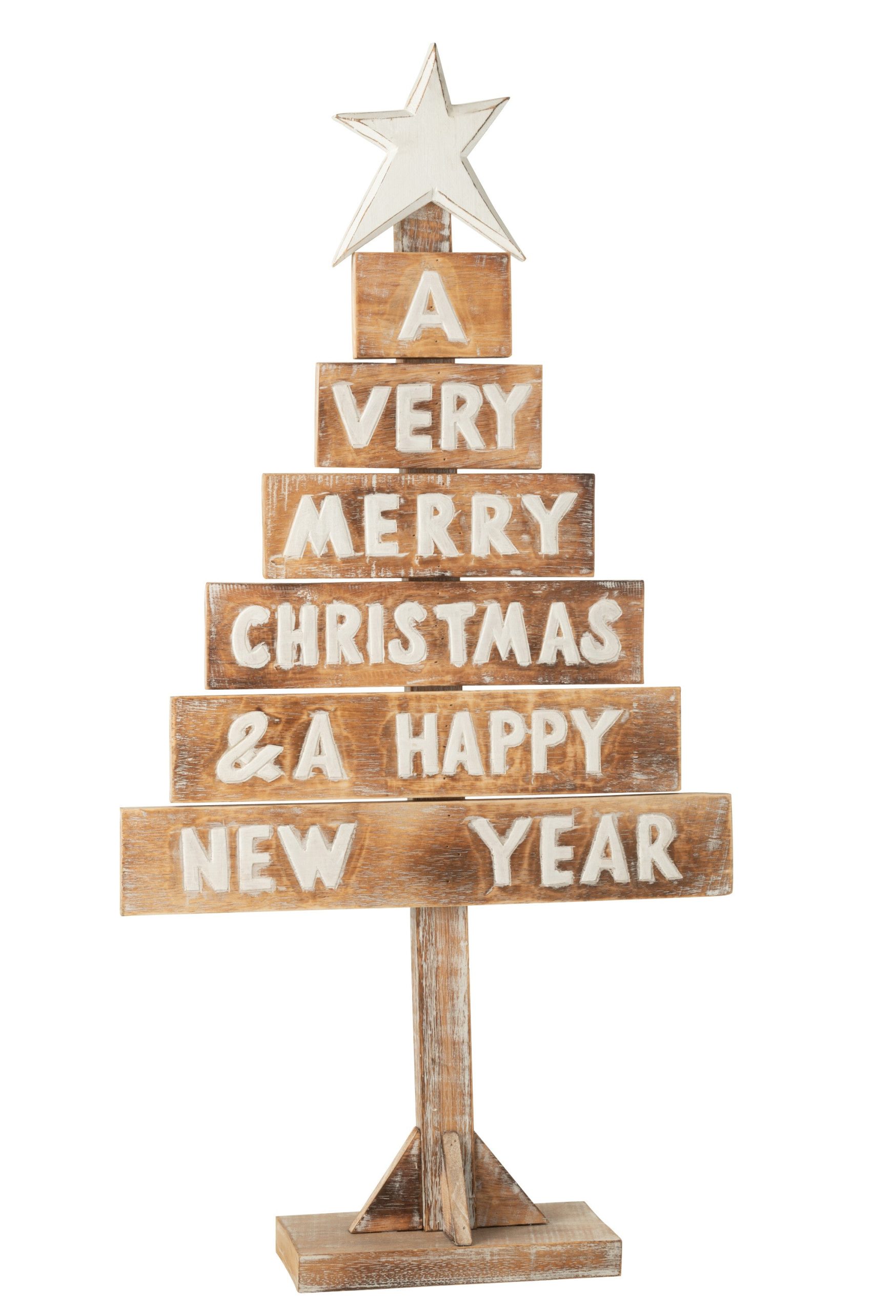J-Line decoratie Kerstboom Ster - hout - naturel/wit