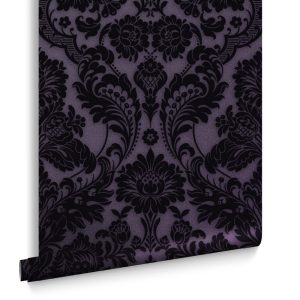 Graham & Brown Vliesbehang – Gothic Damask Flock Plum – 10mx52cm