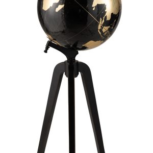 J-Line wereldbol Op Voet – hout – zwart/goud – extra large