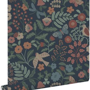 ESTAhome behang bloemen en vogels donkerblauw, roze en groen – 53 cm x ESTAhome behang bloemen en vogels donkerblauw, roze en groen – 53 cm x