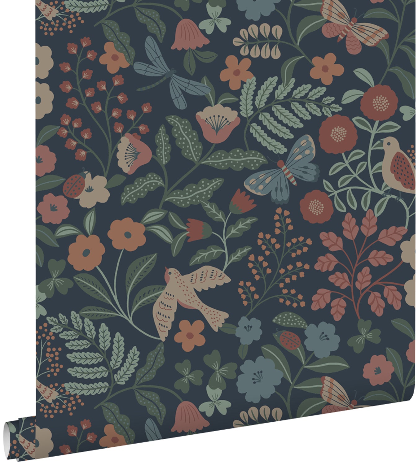 ESTAhome behang bloemen en vogels donkerblauw, roze en groen - 53 cm x