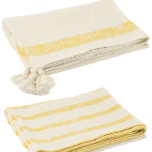 J-Line plaid Strepen + Kwasten – katoen – wit/geel – 2 stuks J-Line plaid Strepen + Kwasten – katoen – wit/geel – 2 stuks