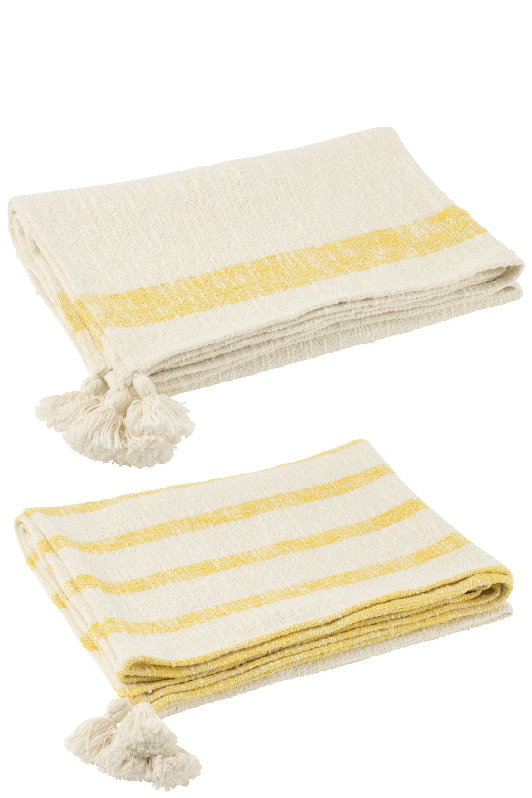J-Line plaid Strepen + Kwasten - katoen - wit/geel - 2 stuks