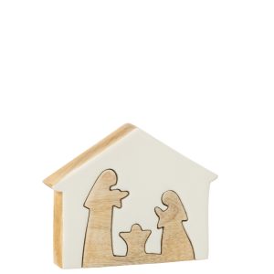 J-Line decoratie Kerststal Huis – hout – wit/naturel – medium