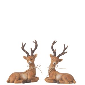 J-Line decoratie Rendier Liggend – porselein – bruin – 2 stuks