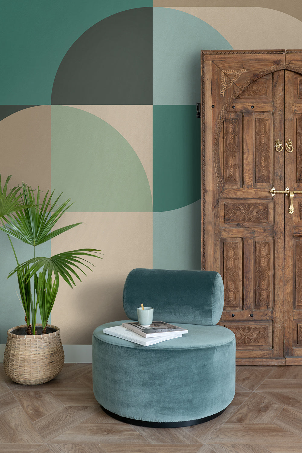 ESTAhome fotobehang cirkels in Bauhaus stijl petrolgroen, mintgroen en