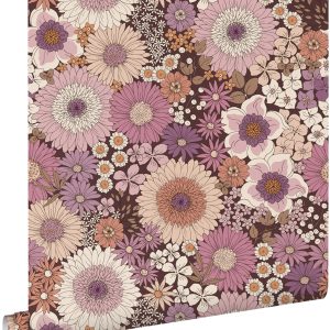 ESTAhome behang retro bloemen mauve paars en terracotta roze – 53 cm x ESTAhome behang retro bloemen mauve paars en terracotta roze – 53 cm x