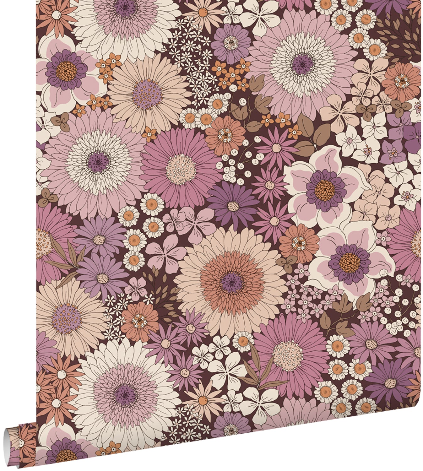 ESTAhome behang retro bloemen mauve paars en terracotta roze - 53 cm x