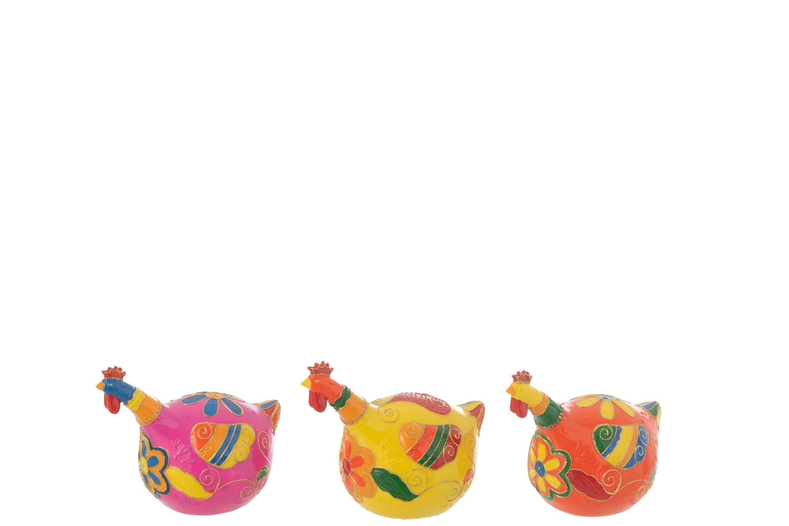 J-Line decoratie Kip Bloemen - polyresin - mix - medium - 3 stuks