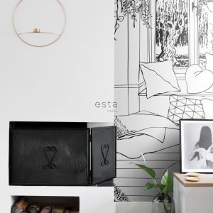 ESTAhome fotobehang tekening woonkamer lounge zwart wit – 139.5 x 279 ESTAhome fotobehang tekening woonkamer lounge zwart wit – 139.5 x 279