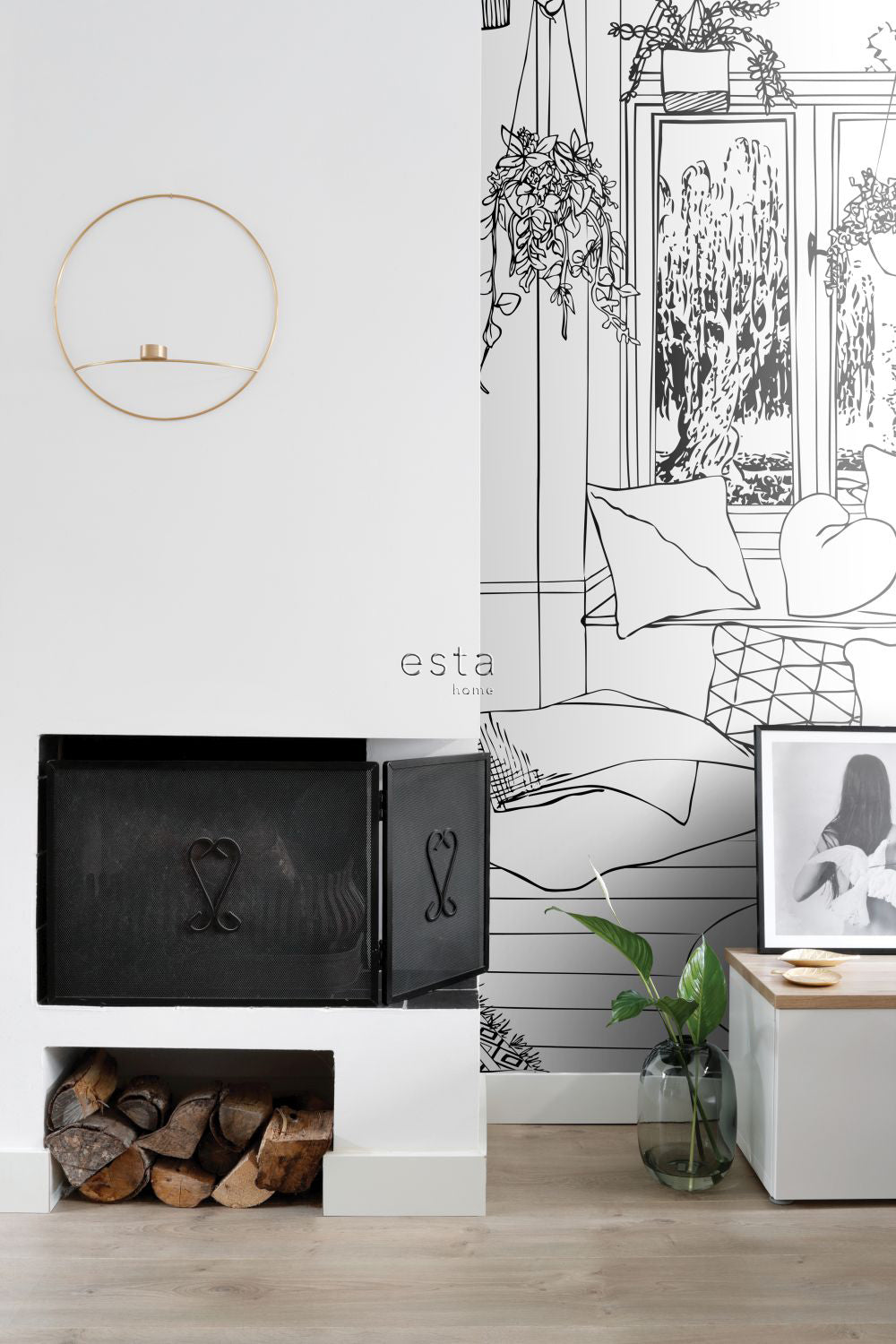 ESTAhome fotobehang tekening woonkamer lounge zwart wit - 139.5 x 279