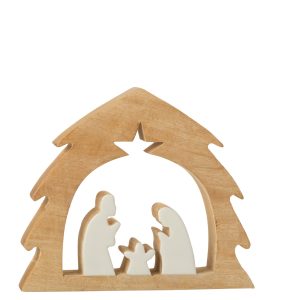 J-Line decoratie Kerststal Boom – hout – wit/naturel – medium