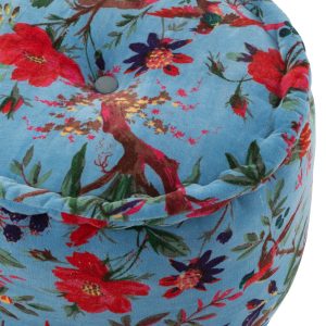 J-Line poef Rond Vogels Bloemen – katoen/fluweel – blauw