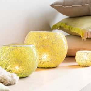 J-Line theelichthouder Mozaiek Rond – glas – geel – small – 4 stuks