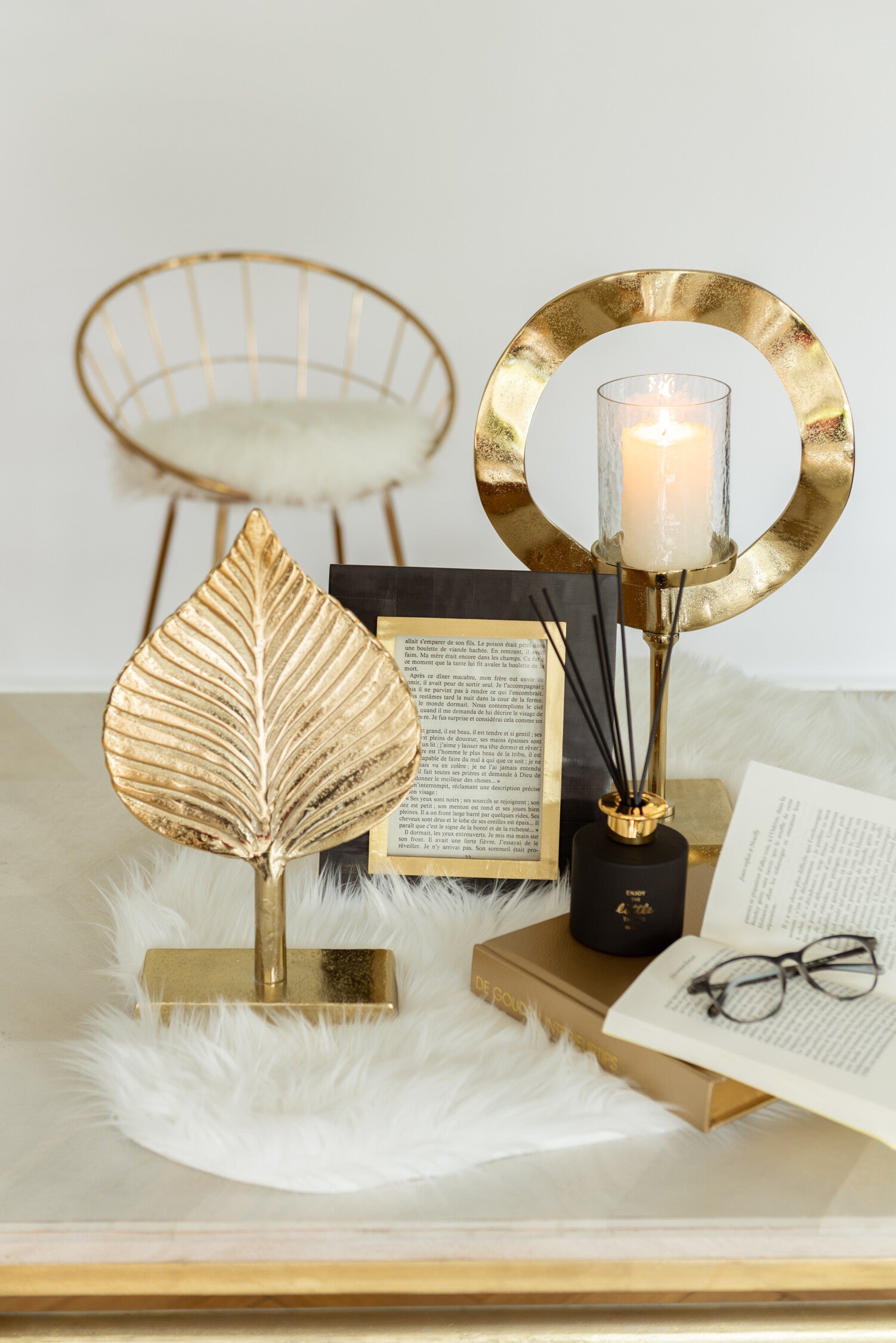 J-Line windlicht Rond Voet - aluminium - goud - small