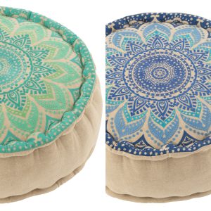 J-Line poef Rond Bloem – katoen – turquoise/blauw – 2 stuks