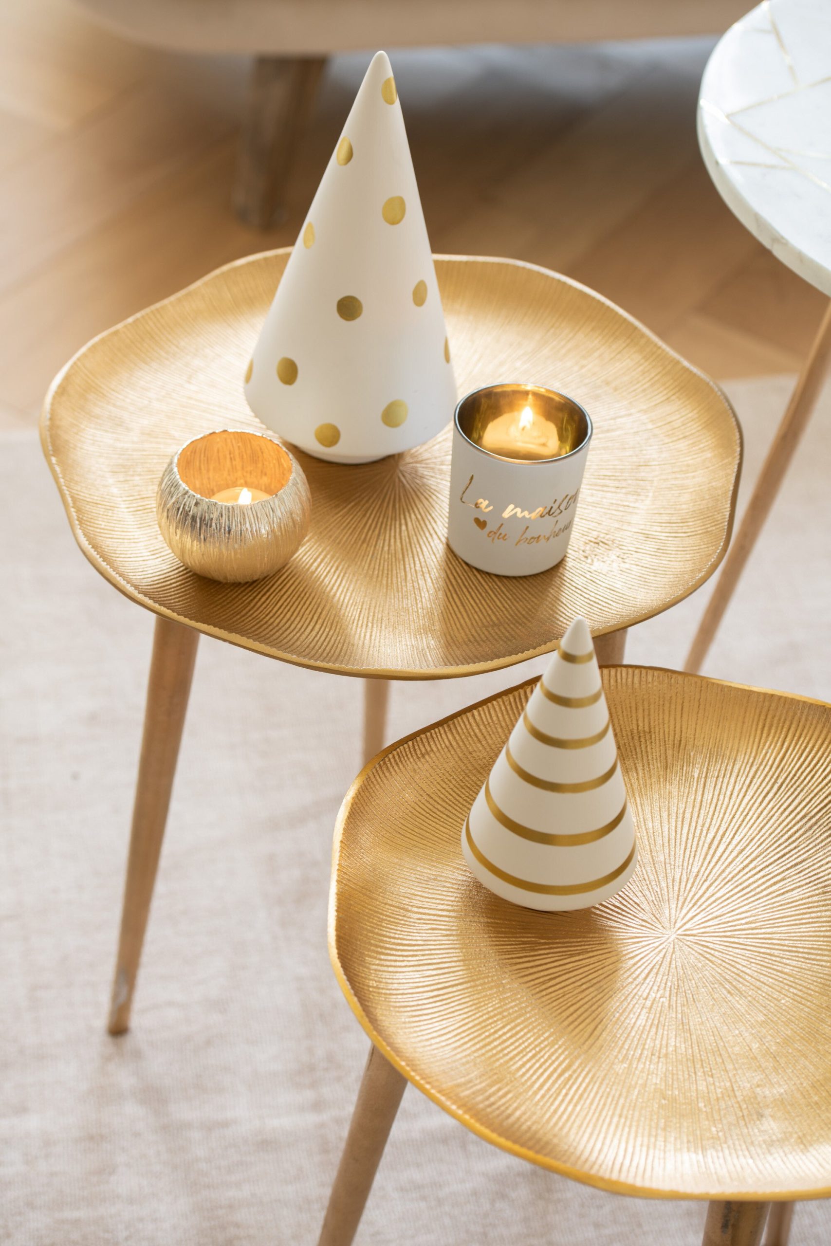 J-Line decoratie kerstboom - keramiek - wit/goud - medium - 2 stuks