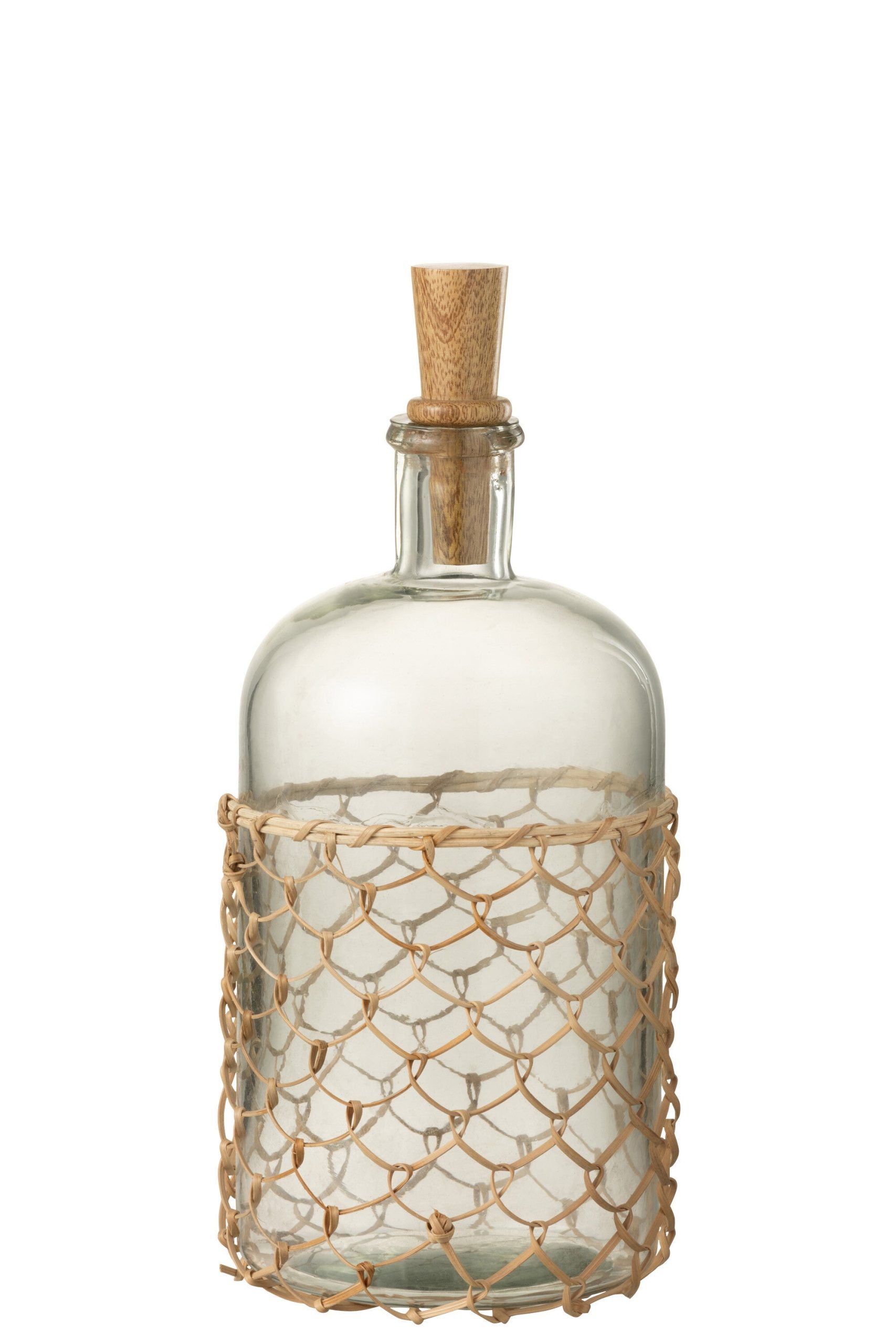 J-Line decoratie fles + kurk Breiwerk - glas/hout/riet - transparant
