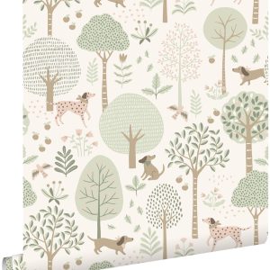 ESTAhome behang honden vergrijsd mintgroen en wit – 53 cm x 10.05 m –
