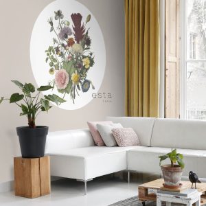 ESTAhome zelfklevende behangcirkel boeket groen, roze en geel – Ø 140 ESTAhome zelfklevende behangcirkel boeket groen, roze en geel – Ø 140