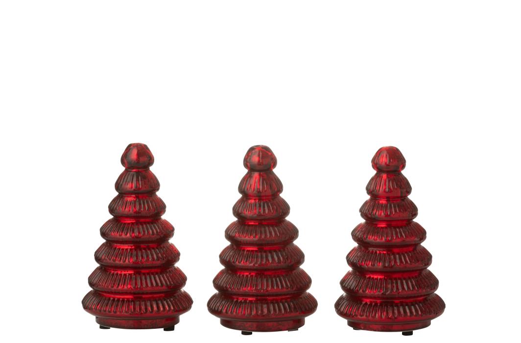 J-Line decoratie Boom Geribbeld - glas - kerstrood - doos van 3 - LED